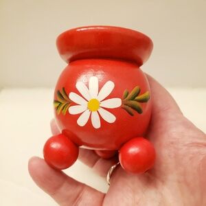 Swedish Red Hand-Painted Wood Candle Holder With Flower Design, 2.75 Inches